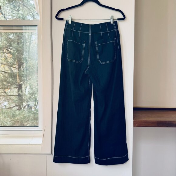 New Anthropologie The Colette Linen Crop Wide-Leg Pants Maeve Navy Contrast 26 - Picture 6 of 12